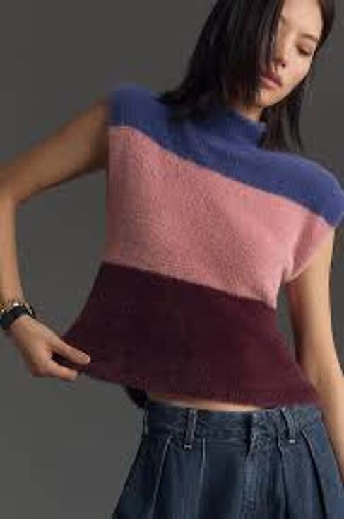 Maeve Sweaters - Maeve Colorblock Eyelash Sweater Top Vest, Sleeveless, Fuzzy, Soft, Sz XS
